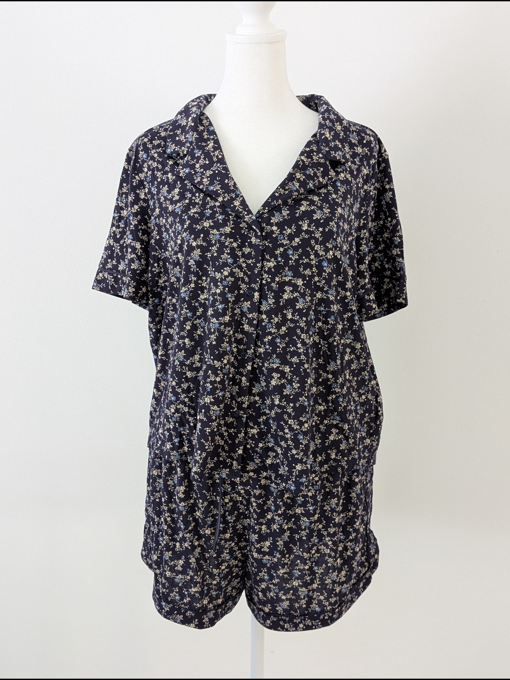 Gap Body Pajama Set Women M Navy Floral Print Short Sleeve Button Down